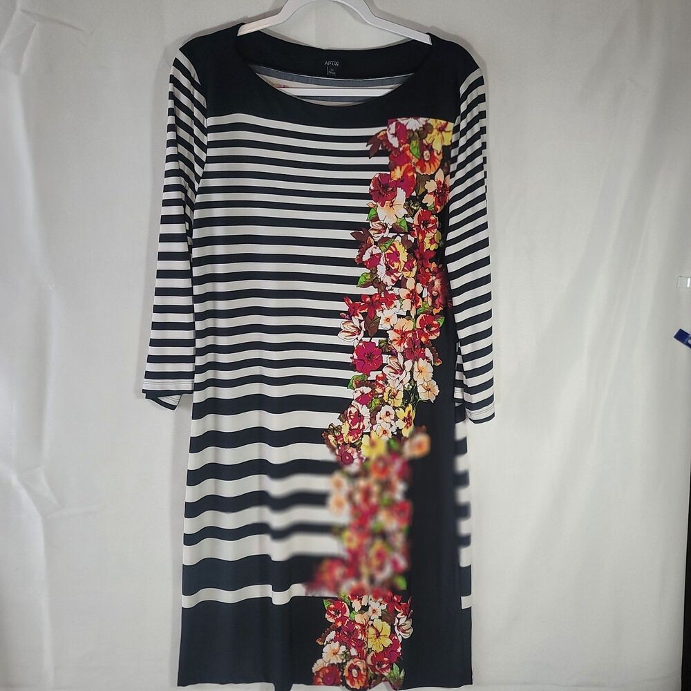 Apt. 9 Striped Floral Border Midi Dress Size 16 Black White 3/4 Sleeve Stretch